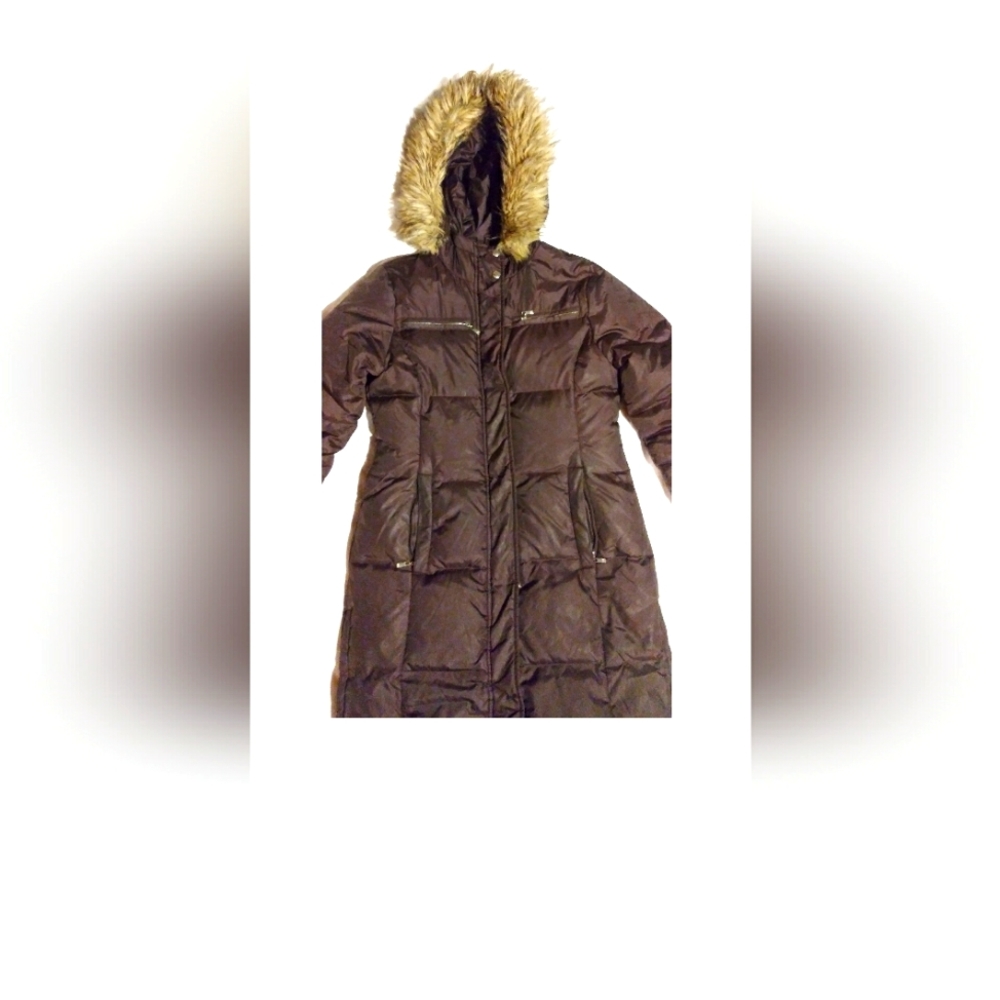 Michael Kors Womens Size S Small Brown Down Coat Parka With Faux Fur Hood Jacket